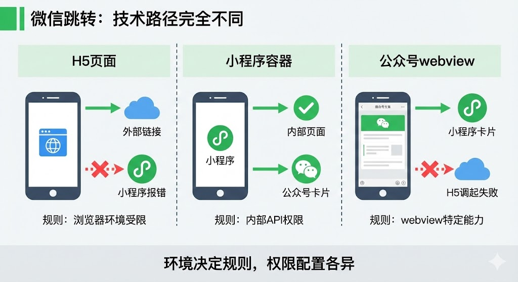 H5跳转、小程序跳转、公众号文章跳转的技术路径差异，原来坑这么多