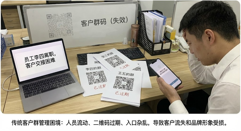 客户群统一对外入口，员工无需频繁更新个人资料码